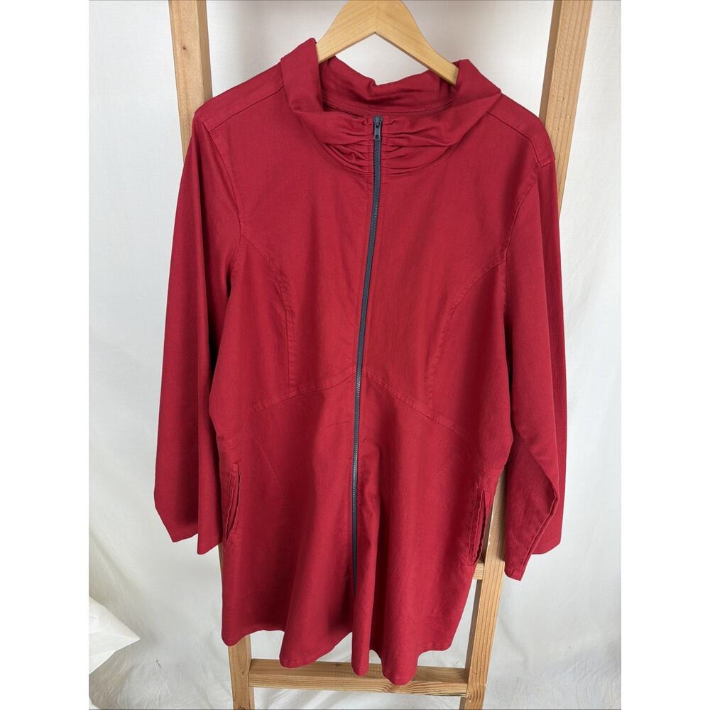 NWT Color Me Cotton Red Cowl Neck Zip Up Long Denim Swing Coat #0954 Size XXL